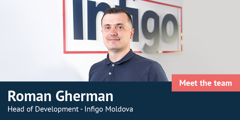 Roman Gherman in front of Infigo logo