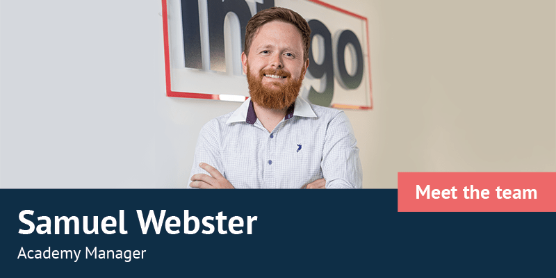 Sam Webster in front of Infigo logo