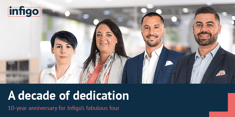 Rebecca Bray, Rebecca Mayne, Alex Bowell, and Greg Young Celebrating 10 Years at Infigo