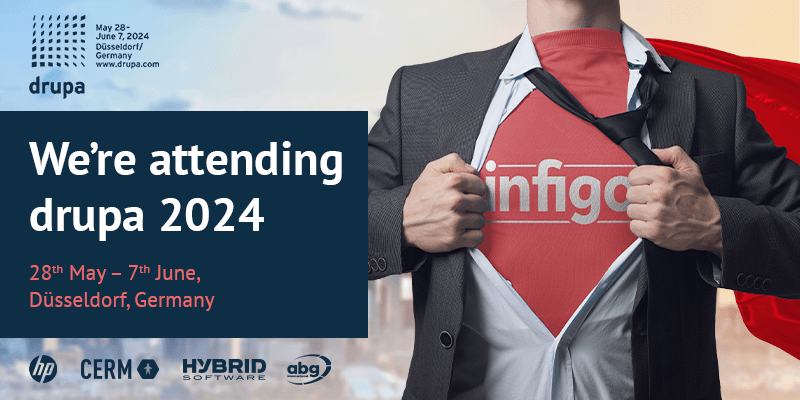 Man Revealing Infigo T-shirt below Office Wear for Drupa Announcement