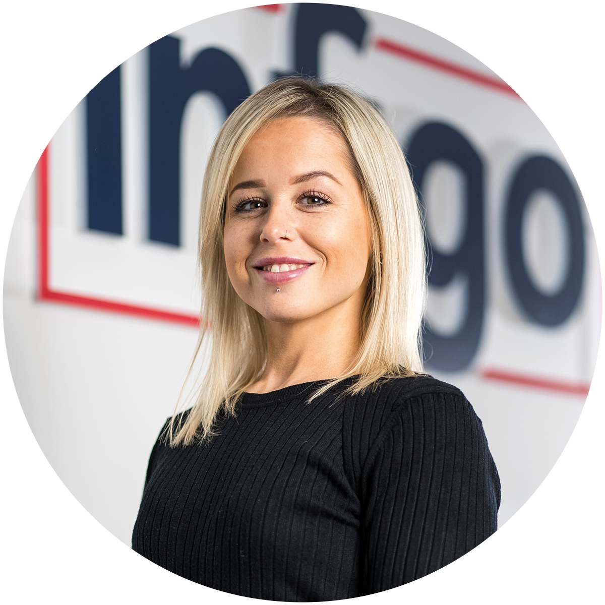 Hannah Wares in front of Infigo logo