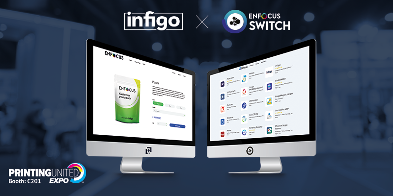Two computers facing each other showing Enfocus App store and example product page