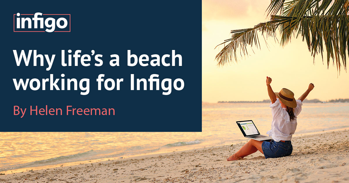 remote worker celebrating working from beach