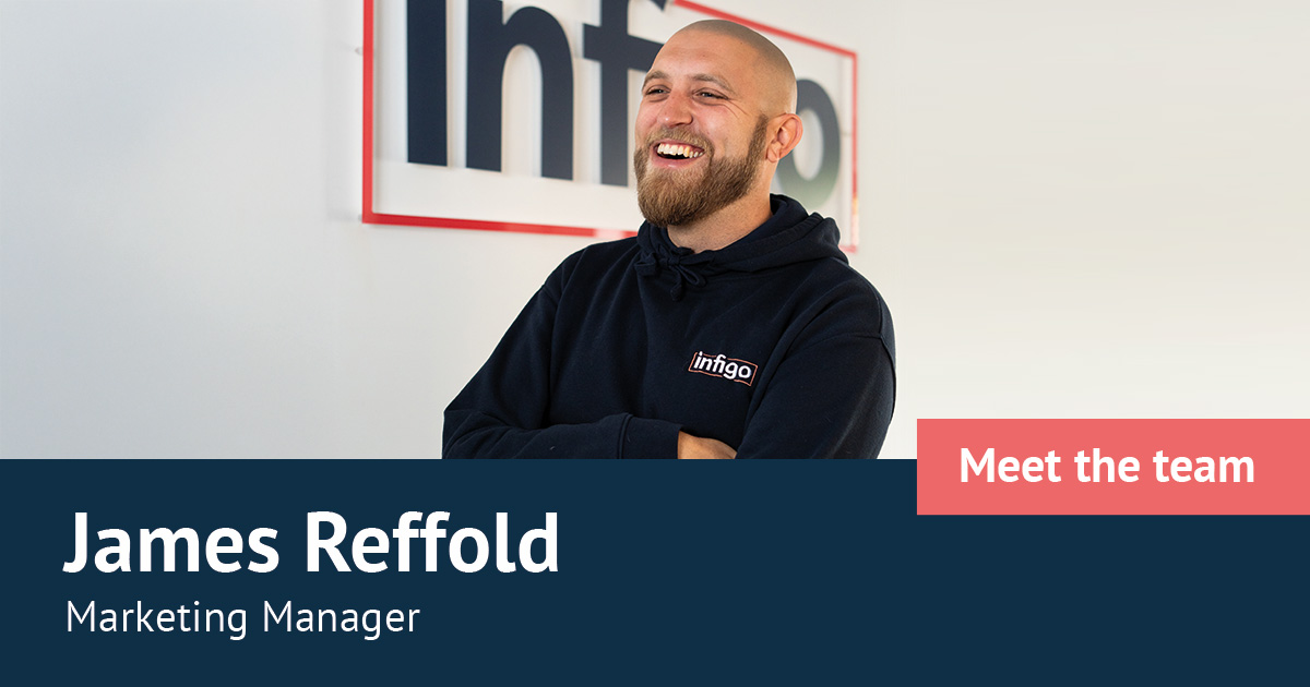James Reffold in front of Infigo logo