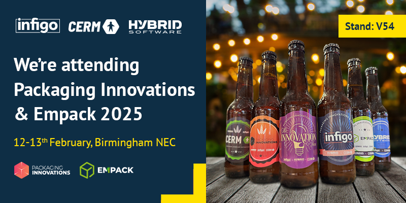 Cerm, Packaging Innovations, Infigo, Empack, and HYBRID Software branded beer bottles within pub garden