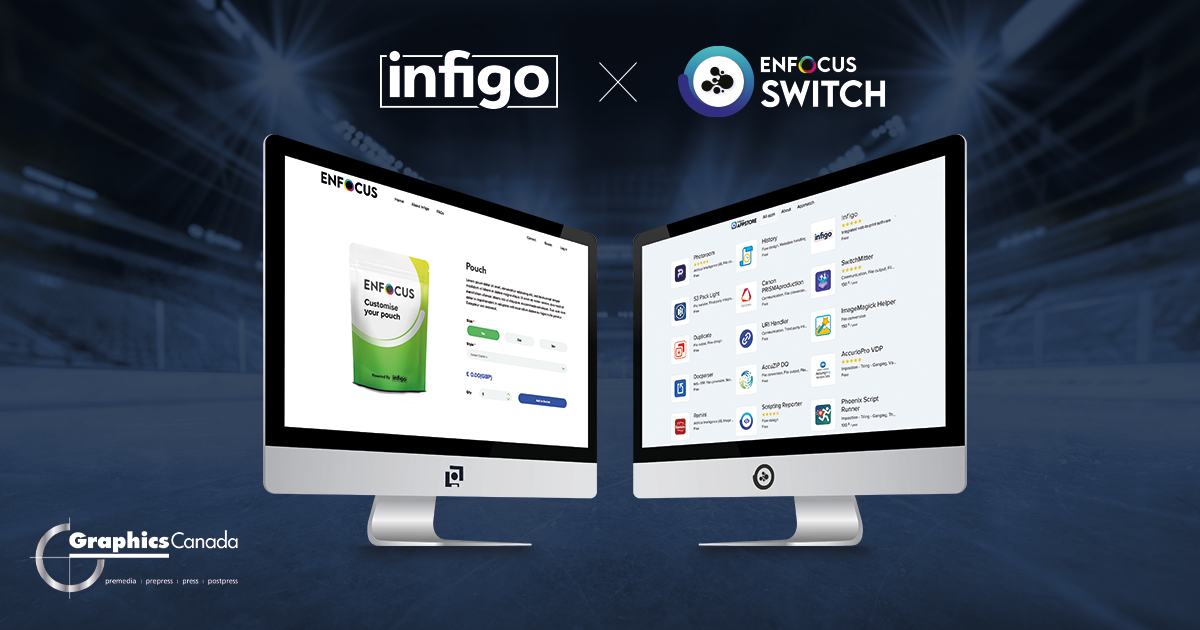 Enfocus storefront on two computers faced towards each other