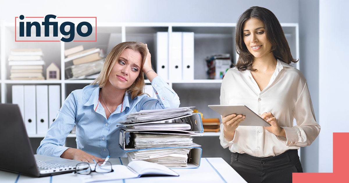 A frustrated person symbolising confusion and trying to do too much. And a confident, successful person holding a tablet.