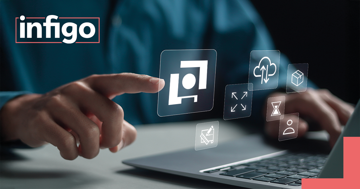 Infigo Favicon floating above laptop with print related icons